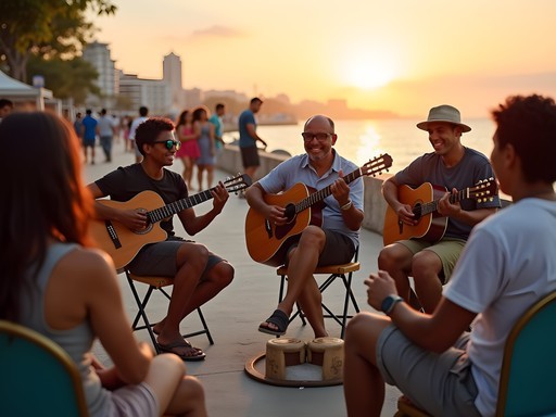 Evening community music gathering on Manta's malecón with locals playing guitars