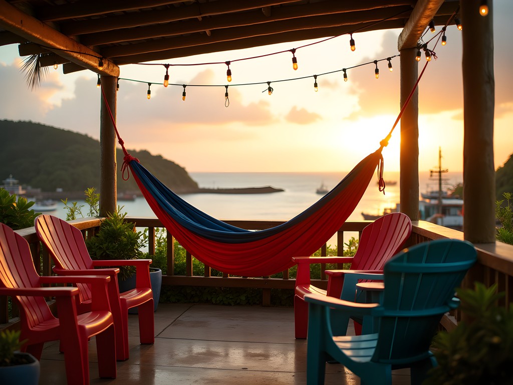 Budget hostel rooftop view of sunset over Manta's coastline