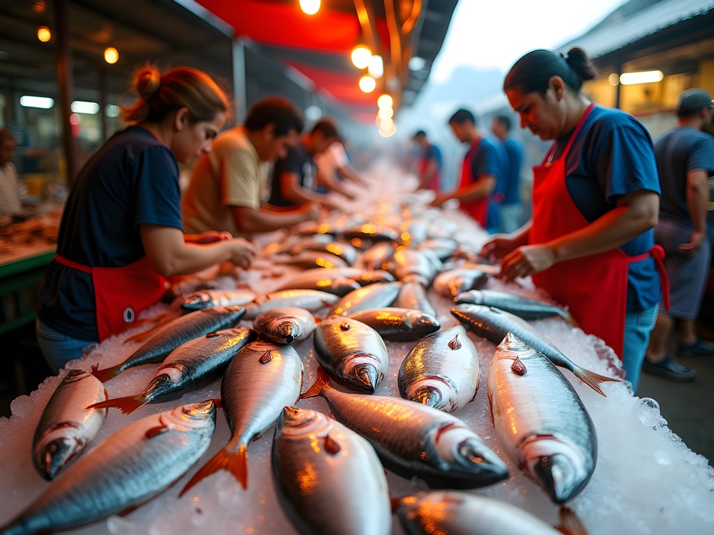 Early morning at Manta's bustling seafood market with fresh catches