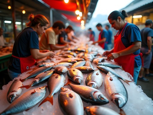 Early morning at Manta's bustling seafood market with fresh catches