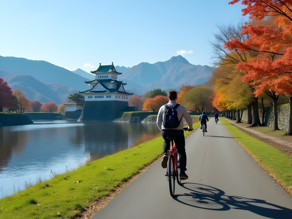 Person cycling on path with Matsumoto Castle and mountains in background