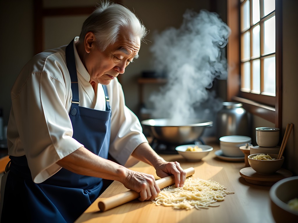 Local vendor preparing fresh soba noodles at a small shop in Matsumoto