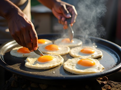 Ugandan street food vendor preparing rolex chapati with eggs in Mbarara