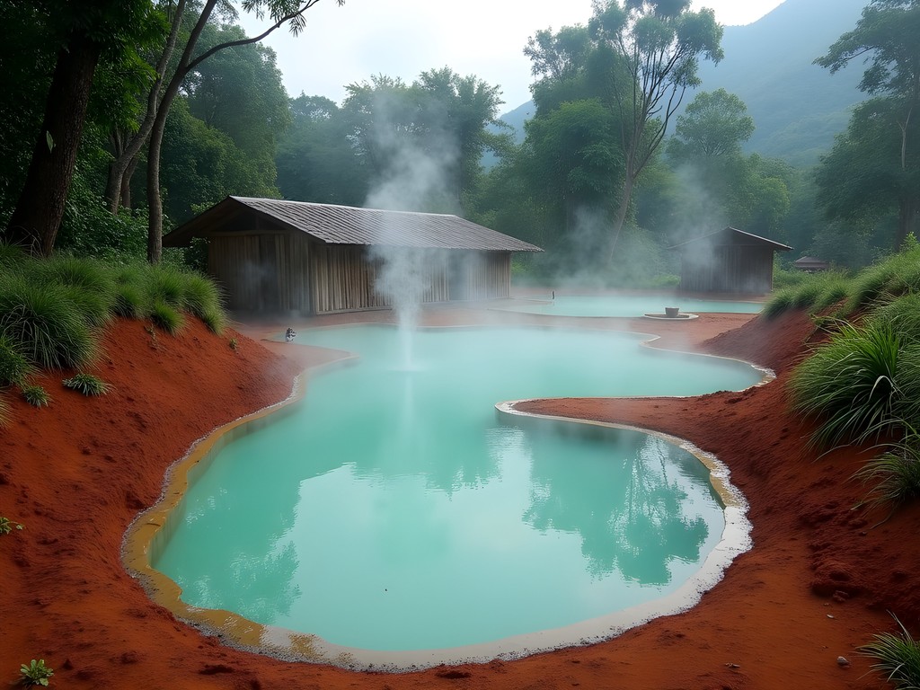Natural hot springs in rural area outside Mbarara with steam rising through tropical vegetation