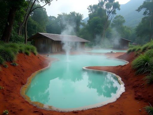 Natural hot springs in rural area outside Mbarara with steam rising through tropical vegetation