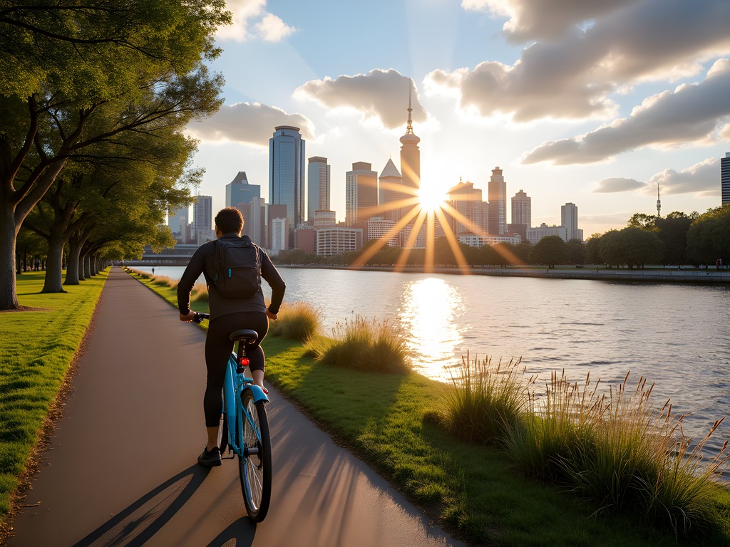 Person cycling on Melbourne bike share along Yarra River with city skyline view