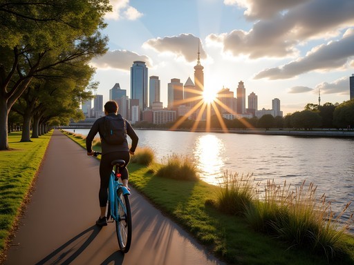 Person cycling on Melbourne bike share along Yarra River with city skyline view