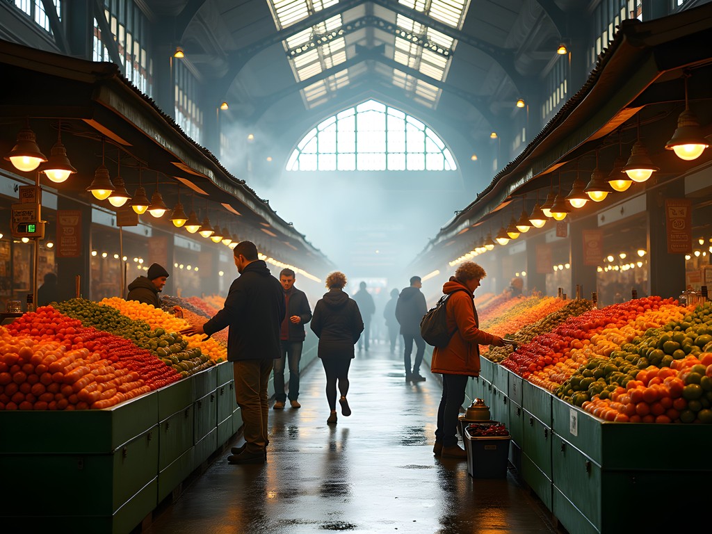 Early morning at Queen Victoria Market with vendors setting up colorful produce stalls