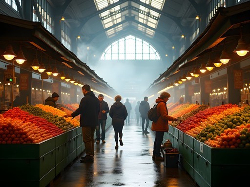 Early morning at Queen Victoria Market with vendors setting up colorful produce stalls