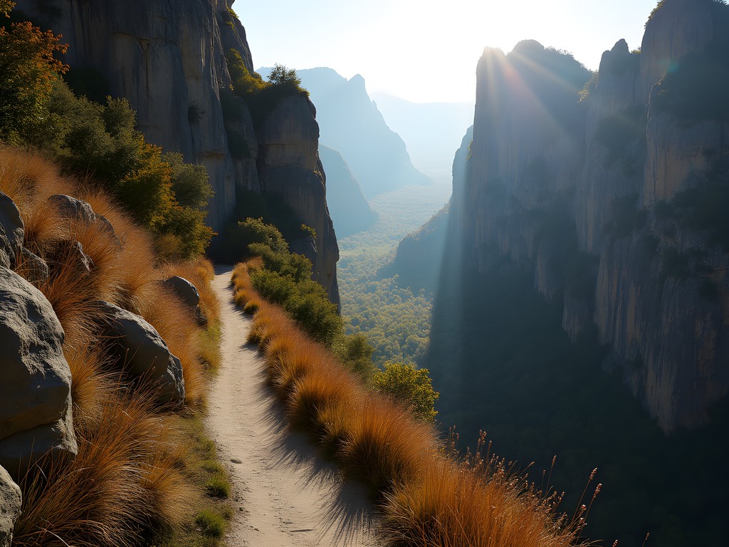 Ancient hiking trail between Meteora monasteries with stunning valley views