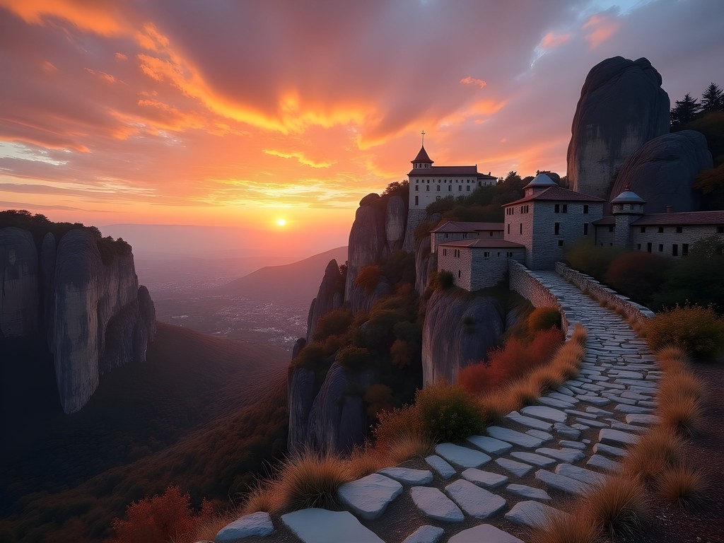 Hidden sunset viewpoint overlooking Meteora monasteries with dramatic lighting