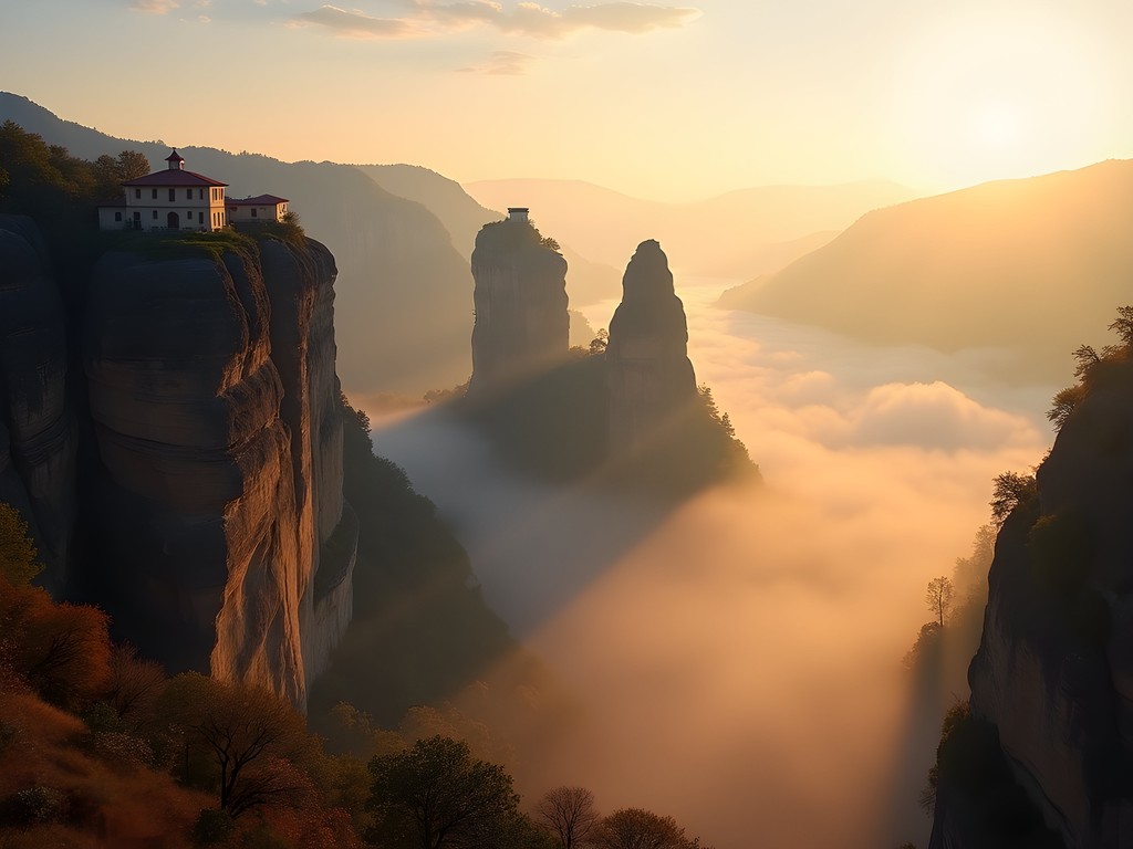 Meteora monasteries emerging from morning mist at sunrise