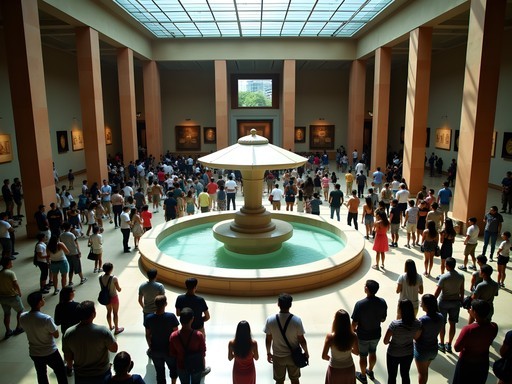 Diverse crowd enjoying free Sunday at the National Museum of Anthropology in Mexico City