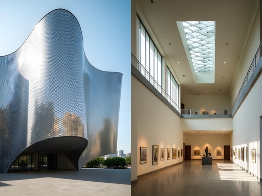 Split image showing the distinctive curved exterior of Museo Soumaya and its Rodin sculpture collection inside