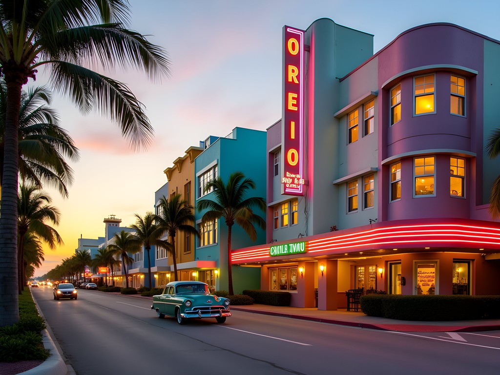 Historic Art Deco buildings on Ocean Drive at sunset with vintage cars and palm trees