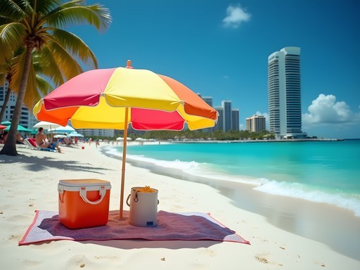 DIY beach setup with umbrella and cooler on South Beach with luxury hotels in background
