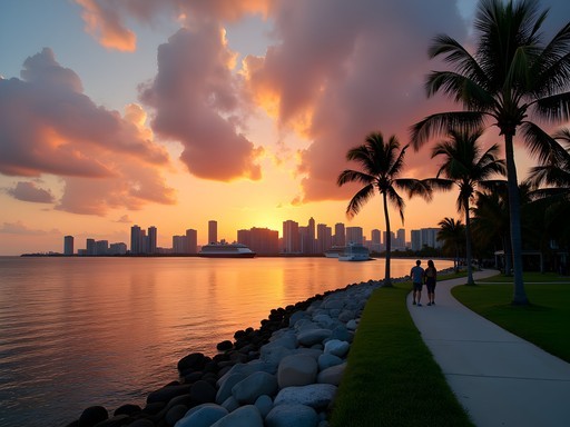 View from South Pointe Park of Miami skyline and cruise ships at sunset