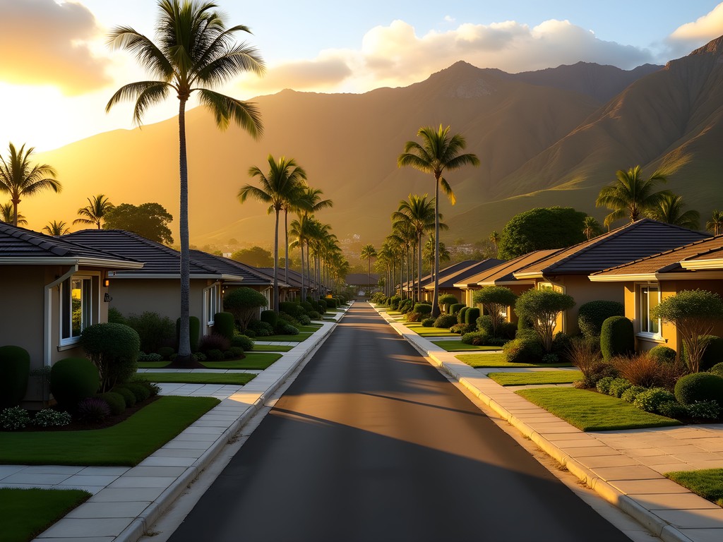 Sunrise view of Mililani Mauka neighborhood with Ko'olau mountains in background