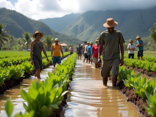Volunteers working in traditional Hawaiian taro patch near Mililani