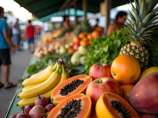 Colorful produce display at Mililani Farmers Market with tropical fruits and vegetables