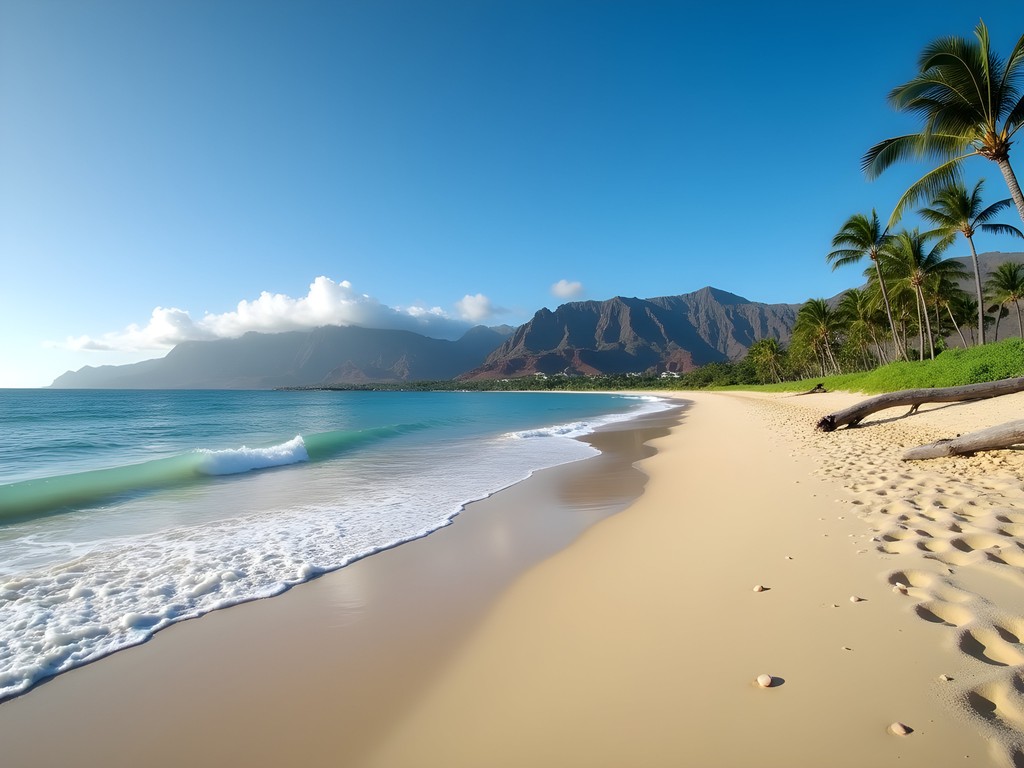 Uncrowded Mokuleia Beach on Oahu's North Shore with mountains in background