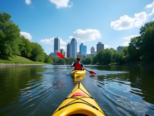 Budget kayaking on the Milwaukee River with city skyline view