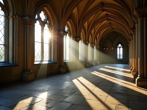 Sunlight streaming through abbey windows in late afternoon