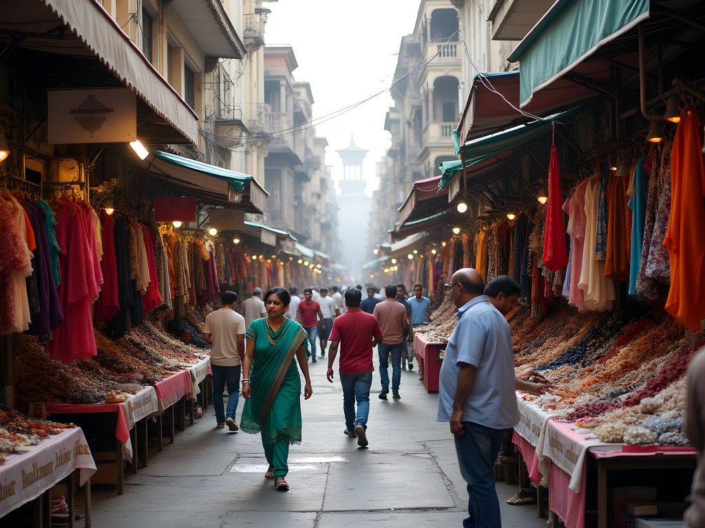 Colorful market stalls at Colaba Causeway with shoppers browsing goods