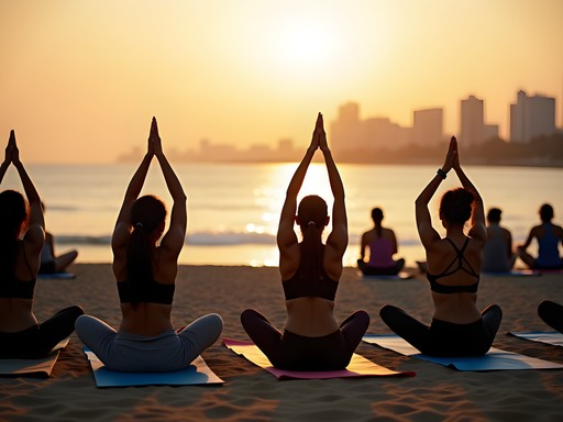 Morning yoga session at Bandstand Beach with Mumbai skyline