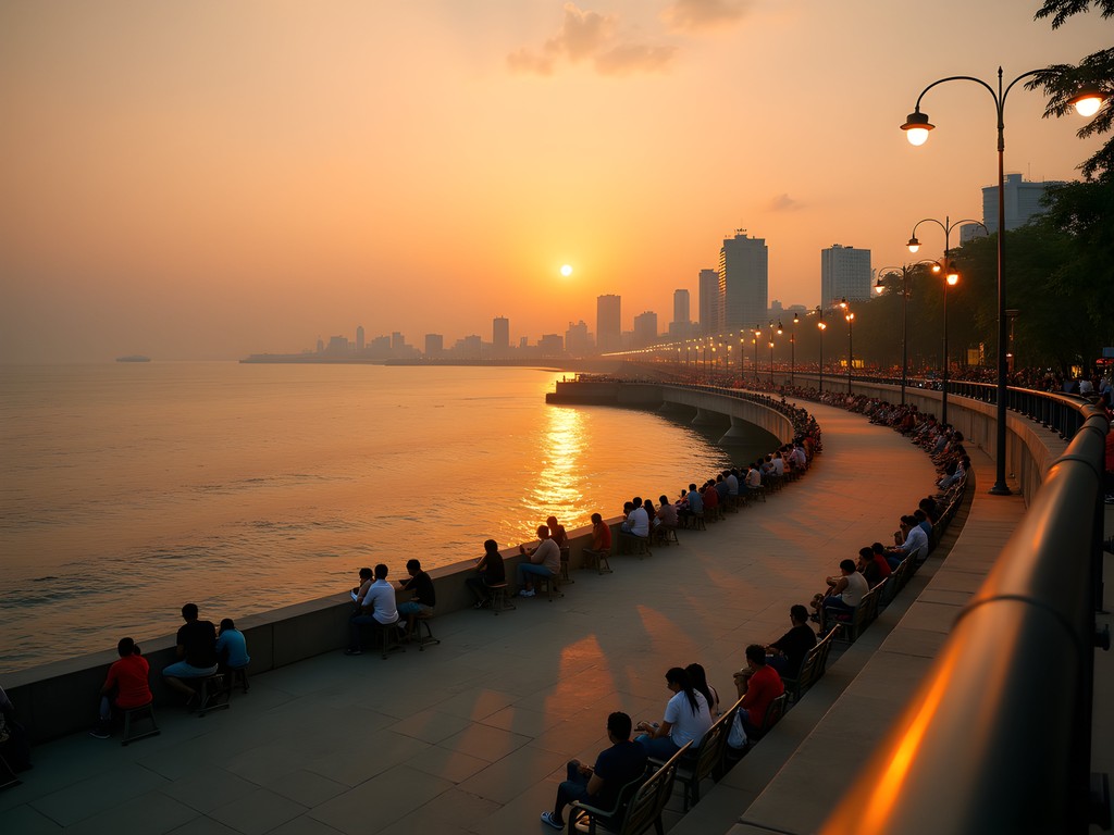 Sunset view of Marine Drive with locals enjoying the evening
