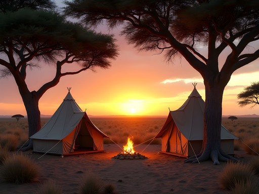 Budget camping experience in Serengeti with basic tents and spectacular savanna sunset