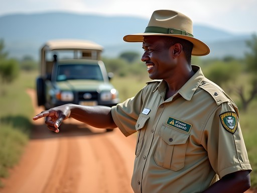 Local Tanzanian guide sharing knowledge about wildlife tracking in Serengeti