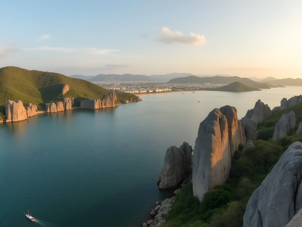 Panoramic view of Mwanza city with distinctive rock formations and Lake Victoria