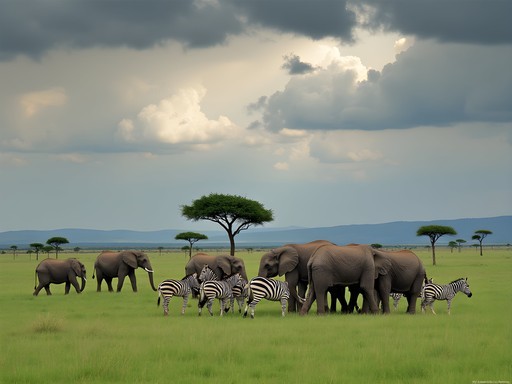 Elephants and zebras grazing together on Serengeti plains during green season with dramatic clouds
