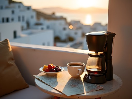 Budget travel morning routine making coffee on balcony in Naxos with sea view