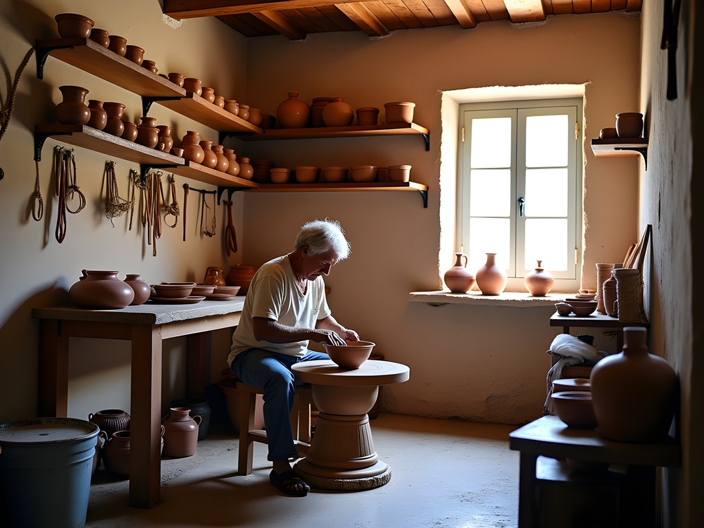 Local ceramic artisan workshop in mountain village of Naxos showing traditional pottery techniques