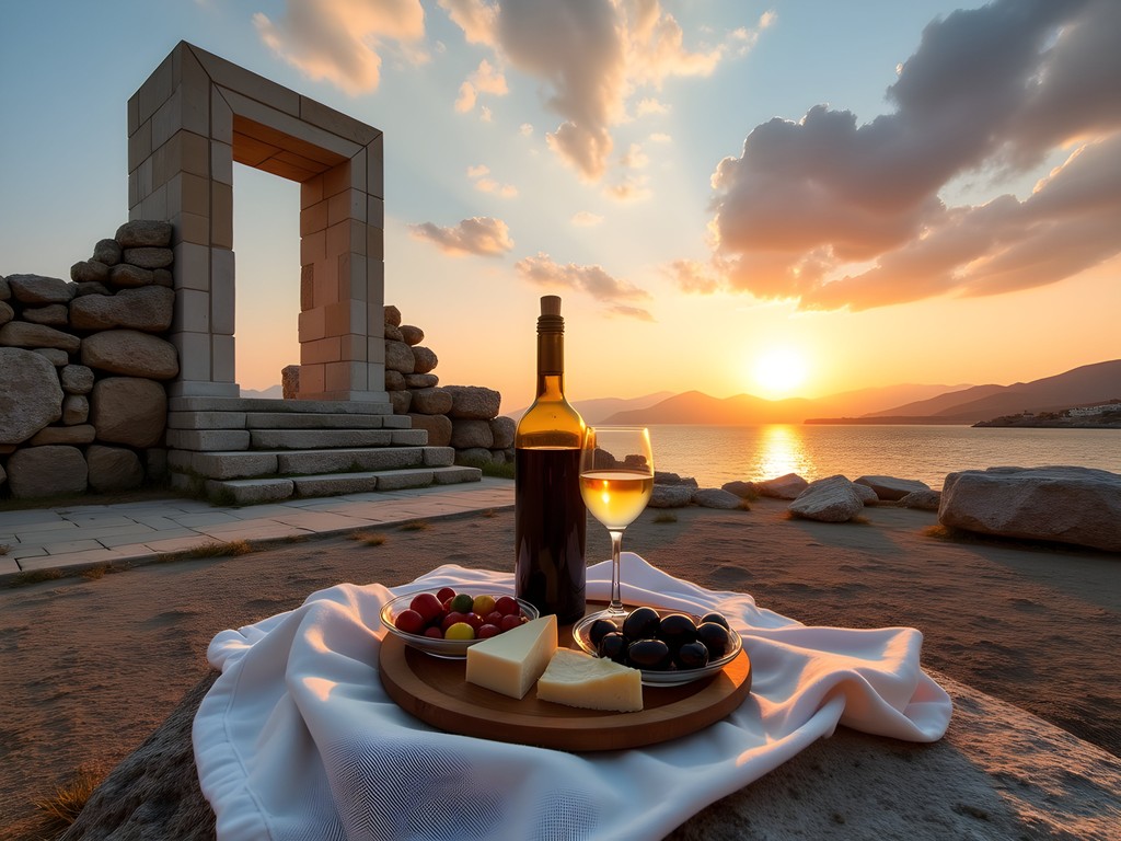 Budget traveler enjoying sunset picnic at Portara ancient ruins in Naxos Greece