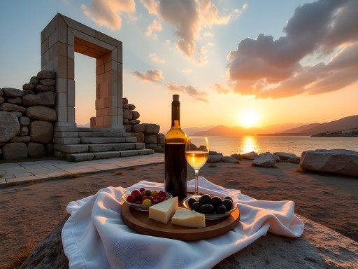 Budget traveler enjoying sunset picnic at Portara ancient ruins in Naxos Greece