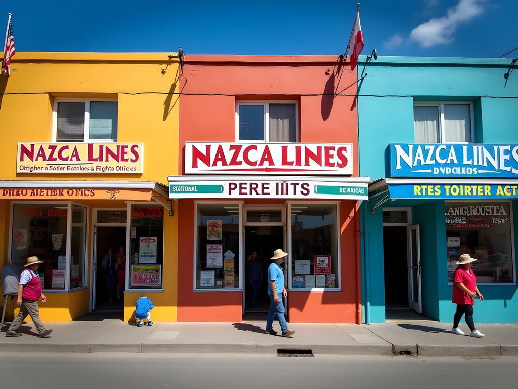 Row of Nazca Lines flight operator offices on main street in Nazca town, Peru