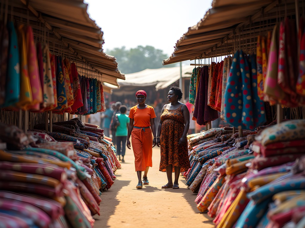 Colorful textile section at Ndola Central Market with vibrant chitenge fabrics