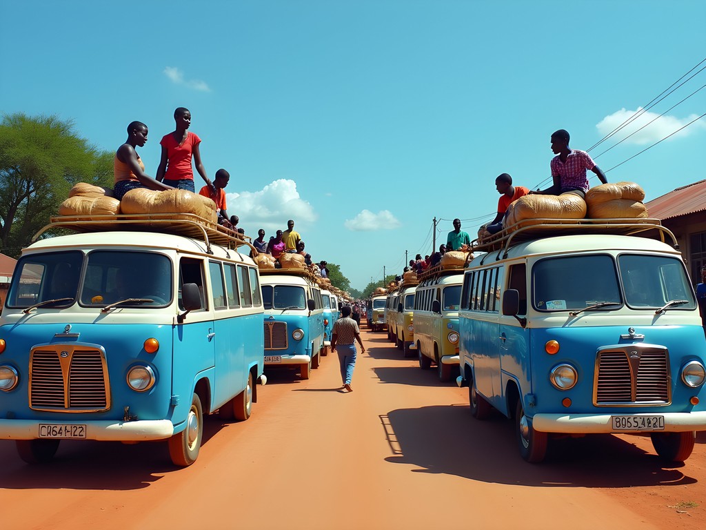 Colorful minibus transport in Ndola city center with passengers boarding