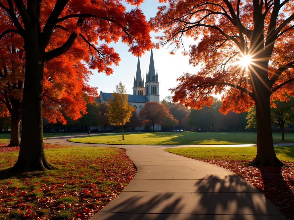Vibrant fall foliage in Branch Brook Park with Cathedral Basilica in background