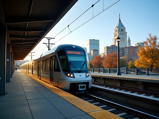 Newark Light Rail system with downtown skyline in background during fall