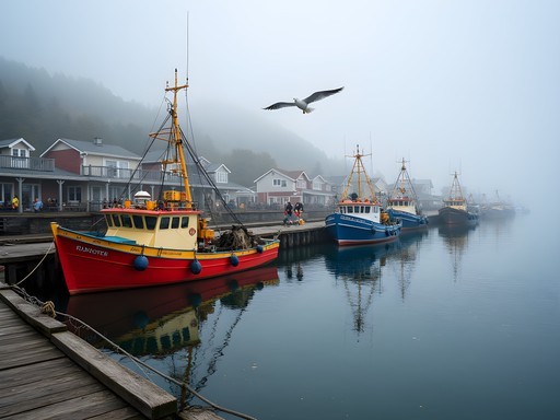 Fishing boats in Newport's historic bayfront harbor with seagulls and colorful buildings