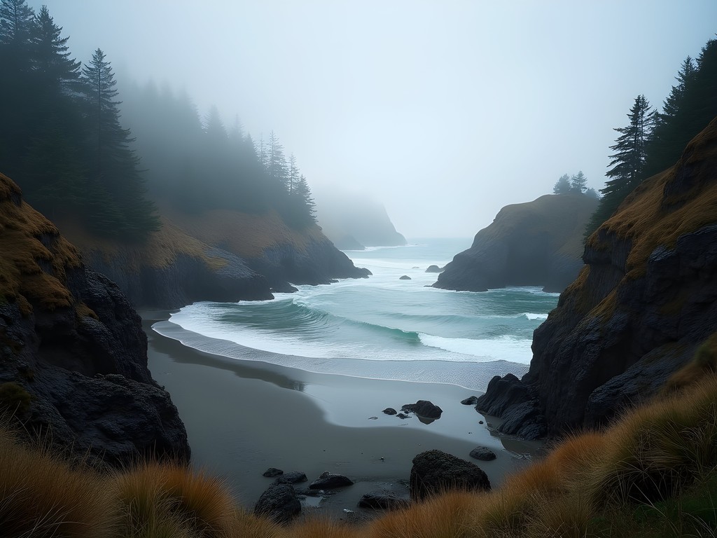 Secluded pocket beach between cliffs near Newport, Oregon with dramatic coastal scenery