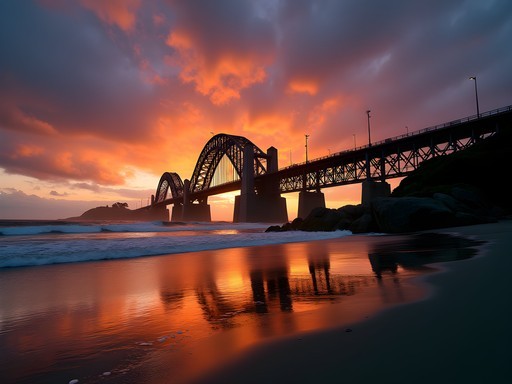 Yaquina Bay Bridge at sunset with dramatic clouds and golden light in Newport, Oregon
