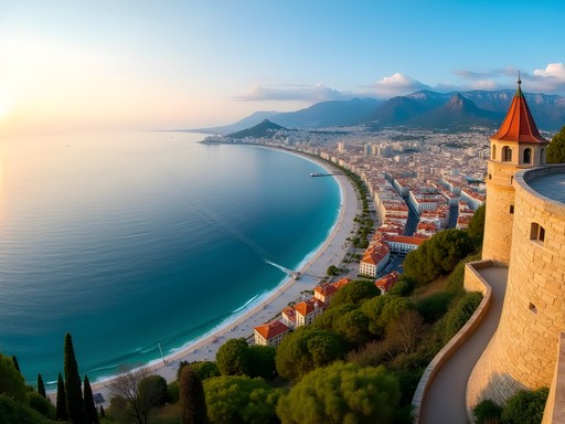 Panoramic view of Nice from Castle Hill showing the curved coastline and city layout