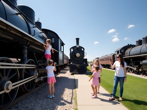 Historic locomotives at Cody Park Railroad Museum in North Platte with families exploring