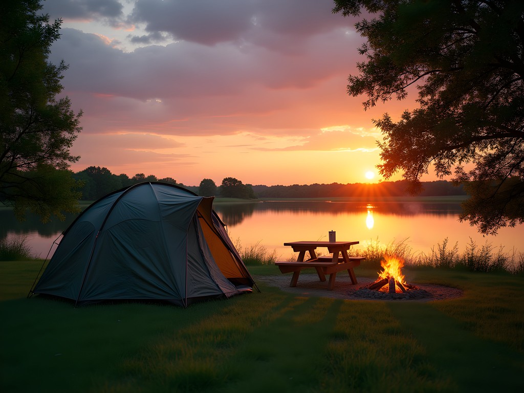 Family camping site at Lake Maloney State Recreation Area near North Platte at sunset