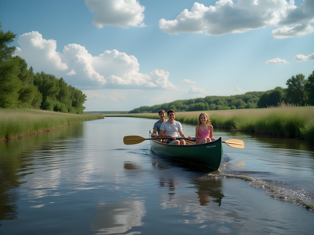 Family canoeing on North Platte River with scenic riverbank views